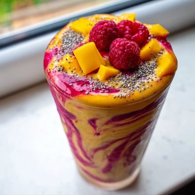 Bright pink mango raspberry coconut smoothie served in a glass with a straw