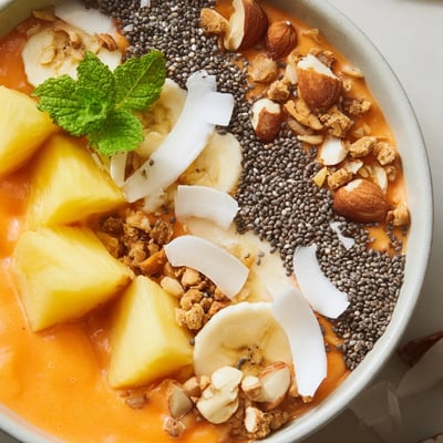 Thick and creamy tropical smoothie bowl swirled with fresh papaya, pineapple, and shredded coconut garnished with chia seeds