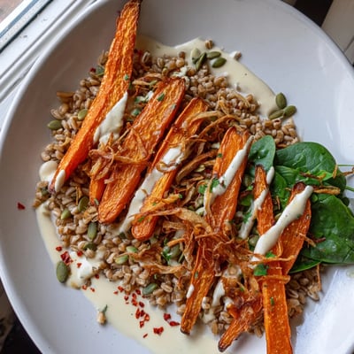 Roasted Carrot Tahini Farro Bowl