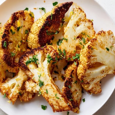 Smoky roasted cauliflower spears drizzled with lemon juice and garnished with fresh parsley