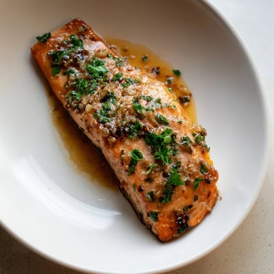 Flaky honey garlic glazed salmon fillets in a skillet garnished with parsley